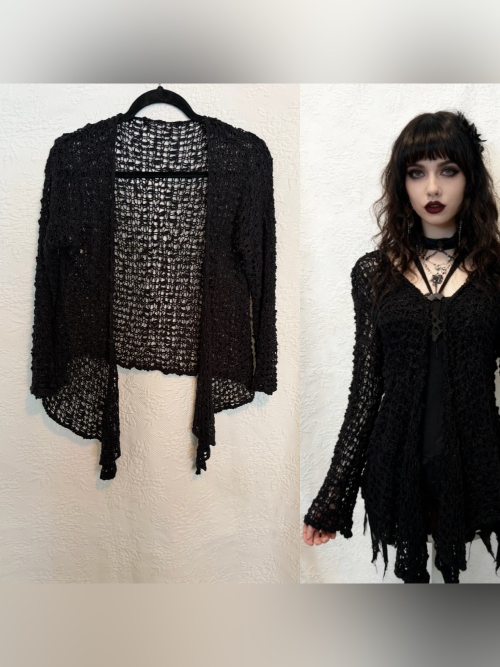 Whimsygoth Black Open Knit Cardigan| Fairy Grunge|Boho Goth|Witchy Layering Sz s